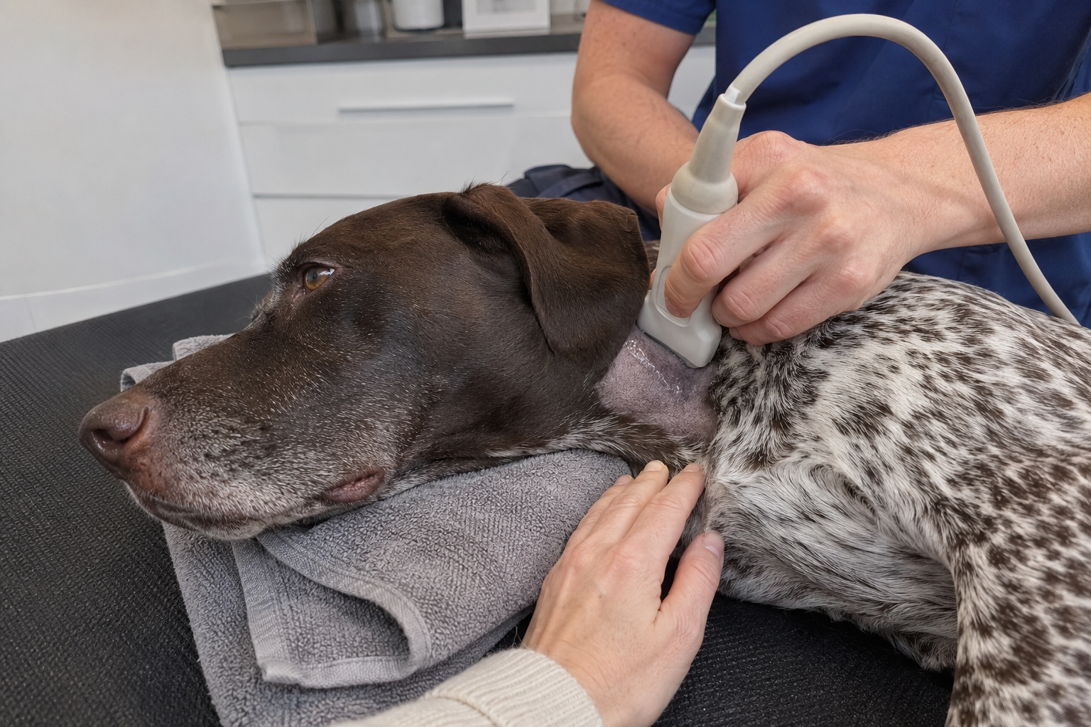 Veterinářka vyšetřuje bouli na krku psa v ordinaci